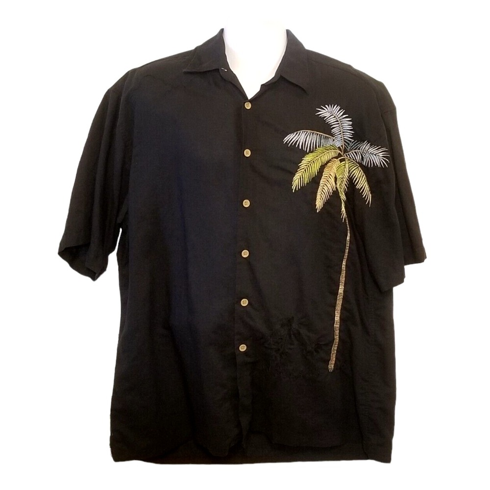 Bamboo Cay Shirt Men Size L Embroidered Palm Tree Linen Blend Black Short Sleeve